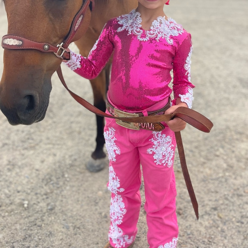 Pink and White Sequin Cowgirl / Queen / Showmanship Bodysuit & Custom Wranglers